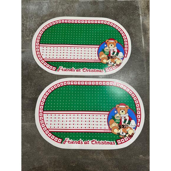 Holiday Vinyl Friends at Christmas Placemats VTG 1988 Franco Bear Cat Dog Goose - Picture 1 of 7